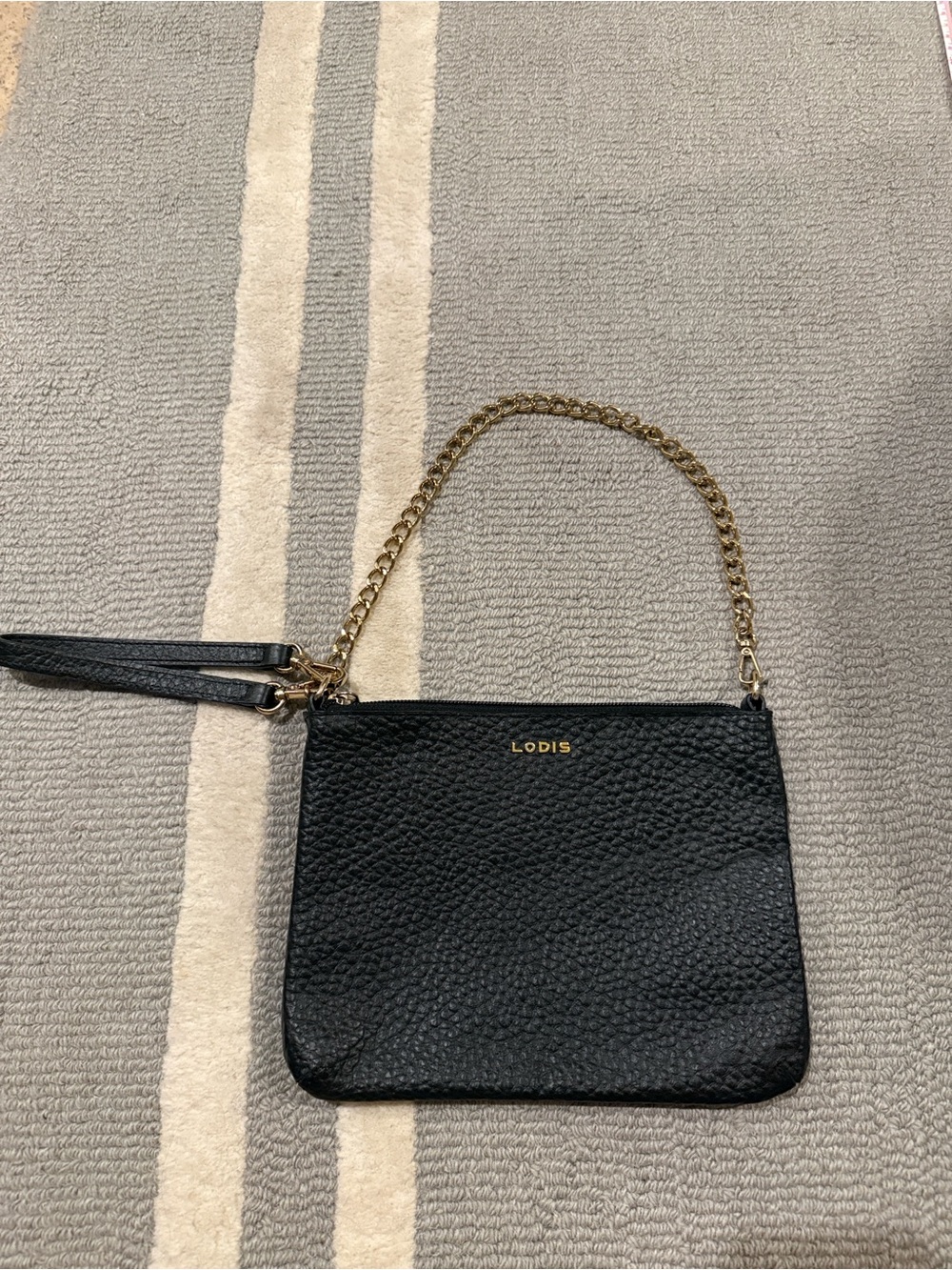 LODIS Black Pebbled Leather Clutch with Gold Chain Strap